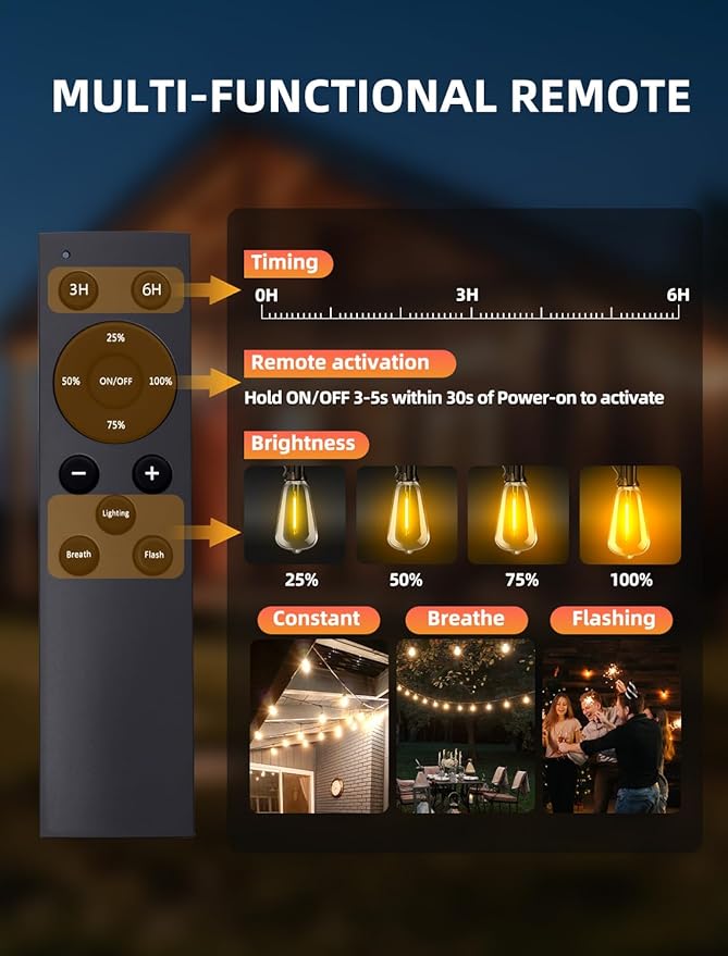 Outdoor Patio String Lights: 100Ft 30M Outside Waterproof Light - Remote Dimmable ST38 Shatterproof Bulb Connectable Hanging Outdoor Electric Lighting - Backyard Yard Gazebo Porch Party
