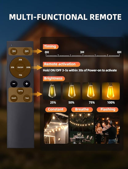 Outdoor Patio String Lights: 100Ft 30M Outside Waterproof Light - Remote Dimmable ST38 Shatterproof Bulb Connectable Hanging Outdoor Electric Lighting - Backyard Yard Gazebo Porch Party