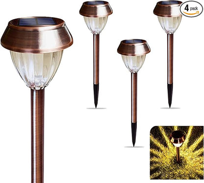 Vintage Solar Lights Outdoor, Glass & Metal Solar Pathway Lights 4 Pack, IP65 Waterproof, Warm White Garden Lights for Walkway, Yard, Patio, Driveway