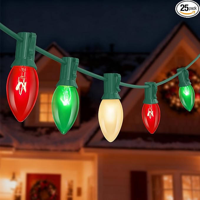 25Ft Christmas Lights Outdoor, C9 Multicolor Christmas Lights with 26 Red Green & White Incandescent Bulbs, Vintage String Lights for Holiday, Xmas, Roofline, Wedding- Green Wire