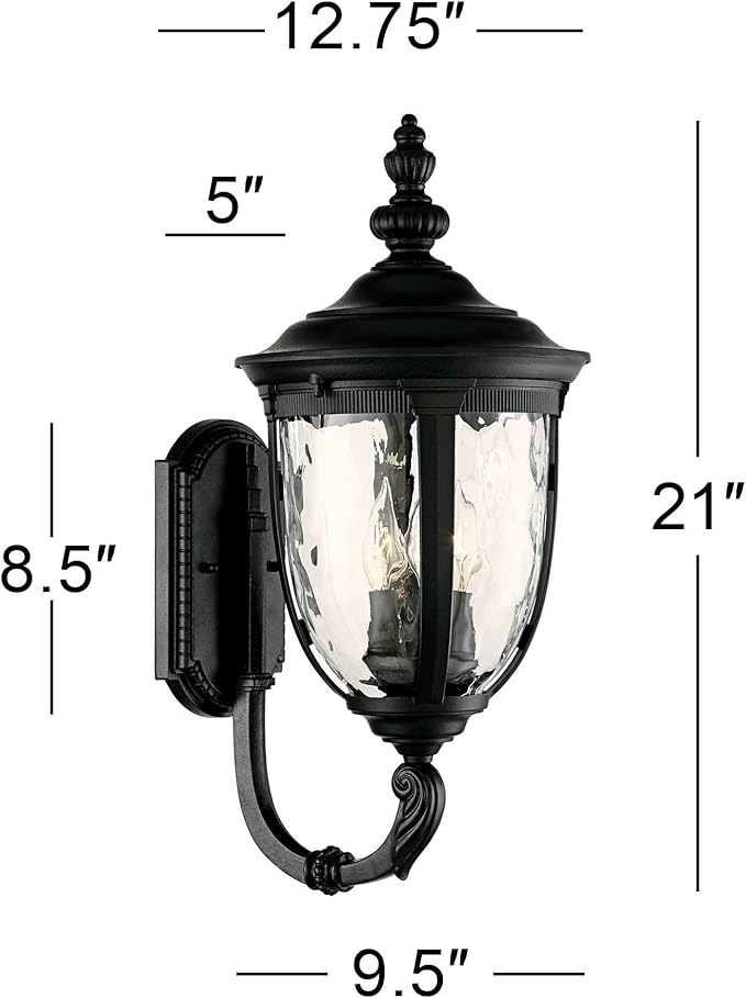 John Timberland Bellagio European Outdoor Wall Light Fixture Textured Black 21" Clear Hammered Glass Upbridge Arm for Exterior House Porch Patio Outside Deck Garage Yard Front Door Garden Home