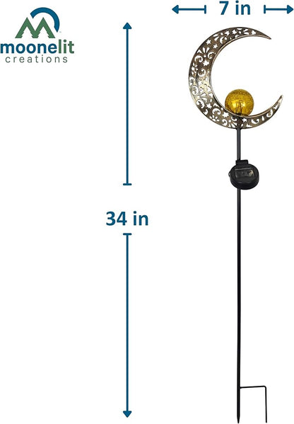 MCSSMOON Solar LED Crescent Moon Garden Light – Waterproof Metal Stake with Crackled Glass Globe