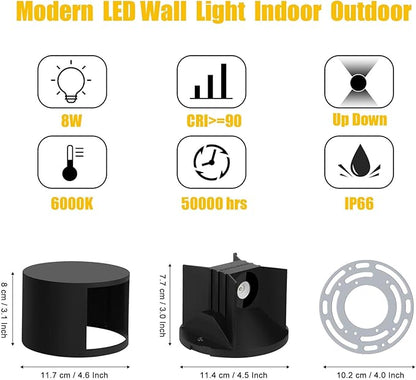 Kawell 8W Modern LED Wall Sconce Light Up Down Waterproof Outdoor Wall Lamp Indoor Hardwired for Bedroom Bathroom Hallway Stairs Porch, Black 3000K