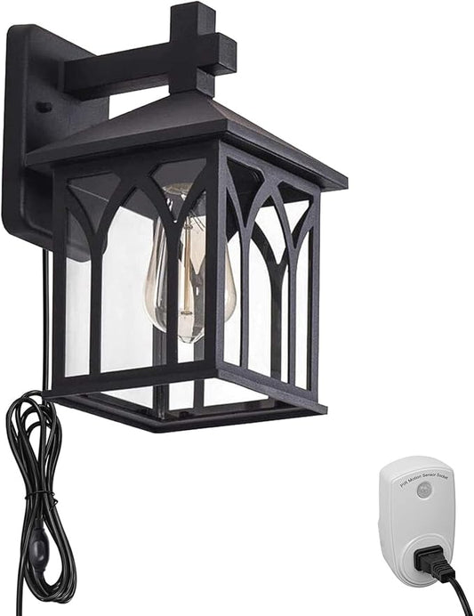 Kiven Plug-in Lantern Wall Sconce PIR Motion Sensor Wall Lamps Lighting Fixture with in-line Button Switch Cord(5.9FT) and a Pulg-in Motion Sensor Socket Turn on/Off The Light Automatically - 1 Pack