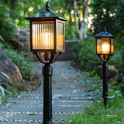 Solar Pathway Light Vintage Square Landscape Path Light Black Aluminum Bollard Lantern Solar Waterproof LED Bollard Lighting Fixture for Courtyard Garden Lawn Porch Patio