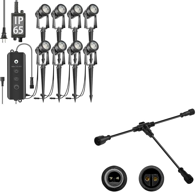 SUNTHIN 8 Pack Outdoor Landscape Lighting with Dusk to Dawn Sensor Controller, Bundled 9.8FT T Shape Extension Cord | Lumora