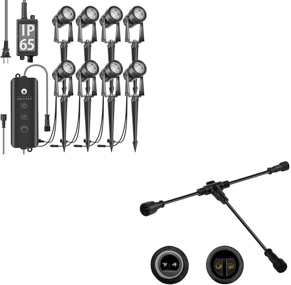 SUNTHIN 8 Pack Outdoor Landscape Lighting with Dusk to Dawn Sensor Controller, Bundled 9.8FT T Shape Extension Cord | Lumora