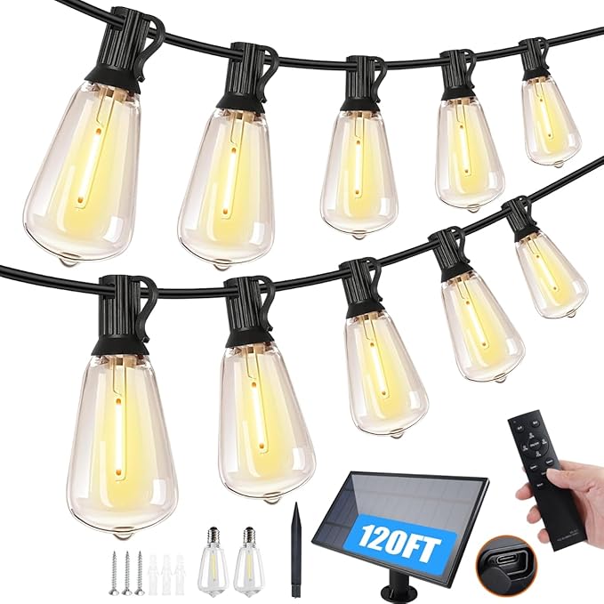 120FT Solar String Lights Outdoor,Solar Patio Lights Waterproof with Remote & 40+2 Dimmable ST38 Shatterproof LED | Lumora