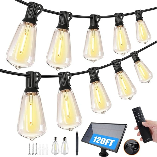 120FT Solar String Lights Outdoor,Solar Patio Lights Waterproof with Remote & 40+2 Dimmable ST38 Shatterproof LED | Lumora