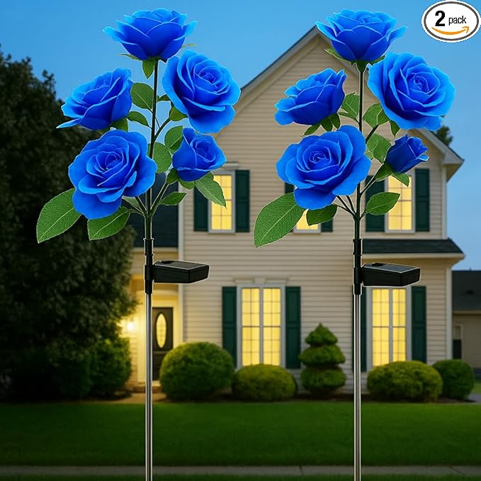 Solar Decorative Stake Rose Flower Lights for Yard Outdoor Porch Garden Memorial Cemetery Backyard Decor Flower Bed Decoration (2 Pack, Blue)
