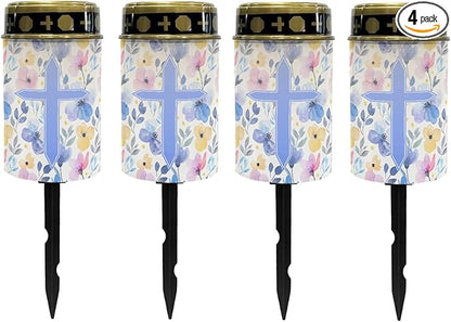 Poceacles Cross Solar Lights Outdoor Waterproof Cemetery Lights Solar Powered Grave Solar Lantern Outdoor Waterproof Walkway Lights for Lawn Garden Pathway, Blue Floral Cross, Pack of 4