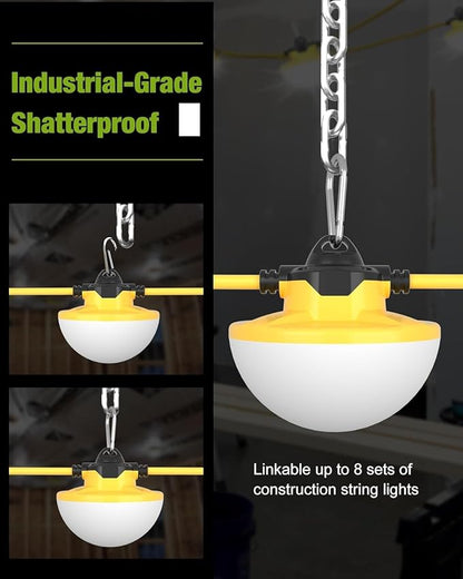 100FT 3Prong Construction String Lights 16000LM 130W Industrial LED String Work Lights, IP65 Waterproof 18AWG Wire 5000K Super Bright for Construction Sites Temporary Work Jobsites Outdoor Lighting