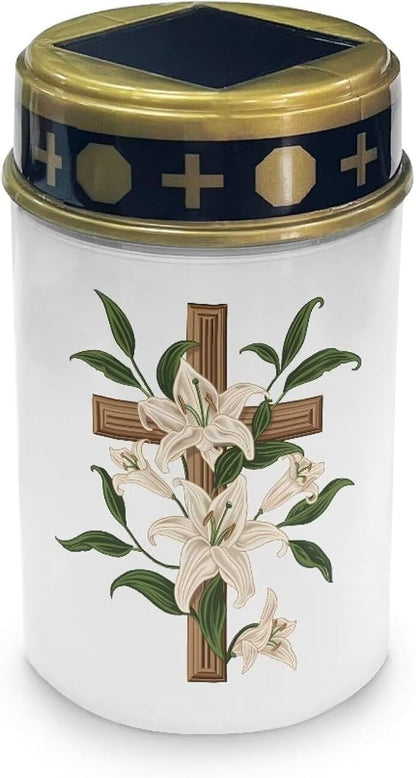 White Lily Cemetery Solar Lights for Grave Cross Solar Lights Grave Decorations for Cemetery Dad with Floral Solar Garden Landscape, Path Stake Lights