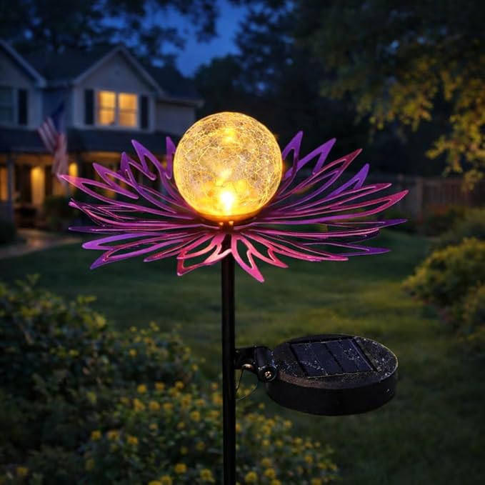 Solar Garden Lights Outdoor Decor, Metal Flower Solar Stake Light with Warm White Crackle Glass, Waterproof Yard Art Ornament for Patio Lawn Backyard, Unique Gardening Gifts for Women(Purple)