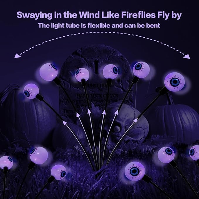 2PACK Scary Eyeballs Solar Garden Light Halloween Decorations Outdoor,Swaying Firefly with 12LED Purple Spooky Eyes Lights-Waterproof Ornaments Solar Halloween Lights for Lawn, Patio, Party Decor