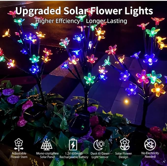 WXZQHF Solar Garden Lights Outdoor, 20 LED Cherry Blossom Lights with Adjustable Stems, Multi-Color Solar Flower for Yard, Lawn, Patio & Pathway (IP65 Waterproof) (Multicolor Cherry - 2 Pack)
