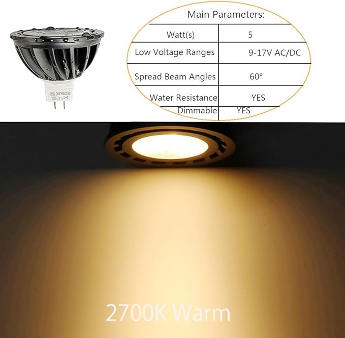 MR16 LED Bulb 5W Water Resistant Dimmable,Aluminum Heat Dissipation for Indoor Track Recessed Lights,Outdoor Low Voltage Landscape Spotlights Warm White Black Finish 8 Packs