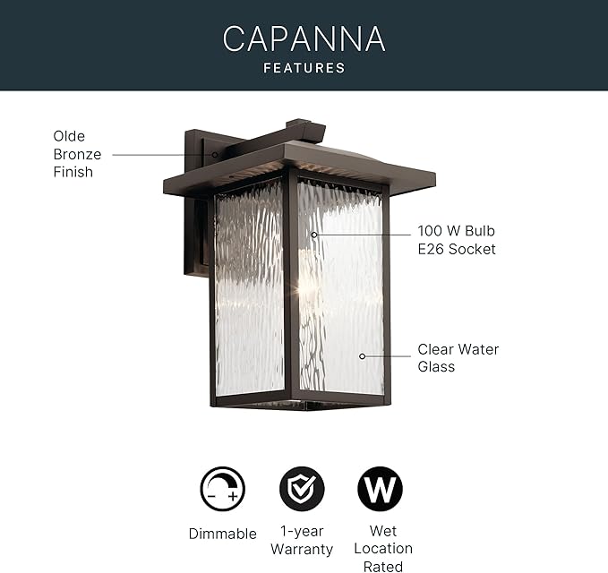 Kichler Capanna 16" Outdoor Wall Light in Olde Bronze®, 1-Light Exterior Wall Sconce Porch Light with Clear Water Glass, (16" H x 10.5"), 49926OZ