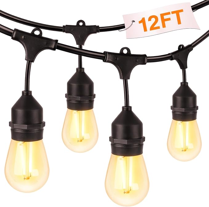 Waterproof Outdoor String Lights - 12Ft Commercial Grade Patio Lights Heavy Duty Light String Hanging Light Fixture with 11W S14 Bulbs for Deckyard Garden Porch Party Decor