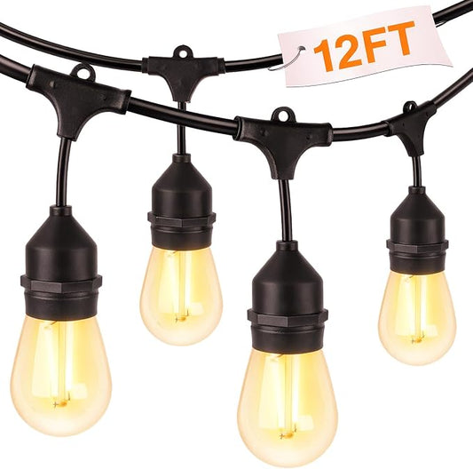 Waterproof Outdoor String Lights - 12Ft Commercial Grade Patio Lights Heavy Duty Light String Hanging Light Fixture with 11W S14 Bulbs for Deckyard Garden Porch Party Decor