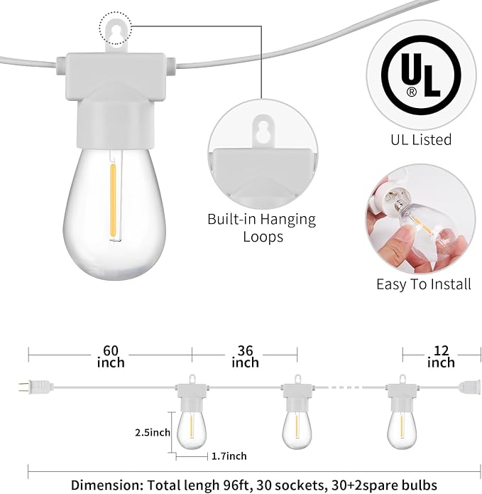 Aialun 96FT LED Outdoor String Lights, Outside Patio Backyard Light with 2700K Shatterproof Edison Bulbs | Lumora