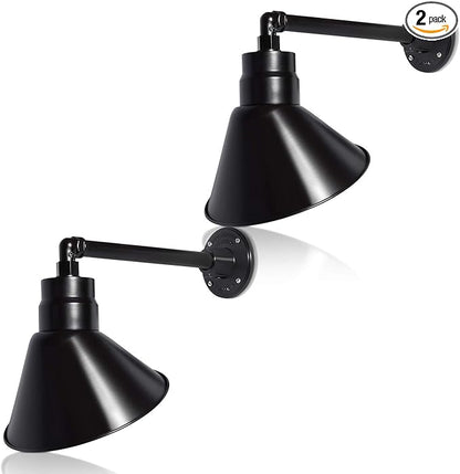 10in. Satin Black Angle Shade Gooseneck Sign Light Fixture with 13in. Long Extension Arm - Wall Sconce Farmhouse, Vintage, Antique - UL Listed - 9W 900lm A19 LED Bulb (5000K Cool White) - 2-Pack