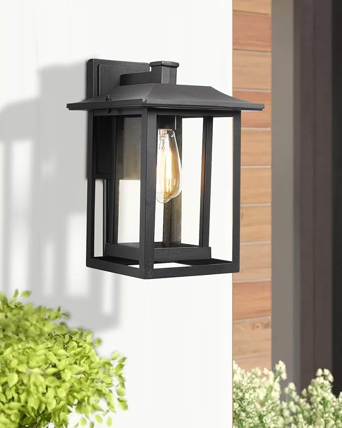 Beionxii Outdoor Light Fixture, Dusk to Dawn Exterior Wall Mount Lantern Outside Lights for House Porch Patio, Black Cast Aluminum w/Clear Glass (13.5" x 9") - A197W-2PK