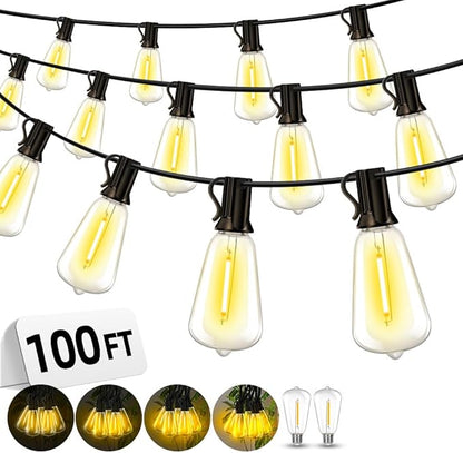 Outdoor Patio String Lights 100ft: ST38 LED Shatterproof Bulbs 3 Modes Button Control - Waterproof Connectable Lights - Wedding Bistro Party Gazebo Backyard Decorative