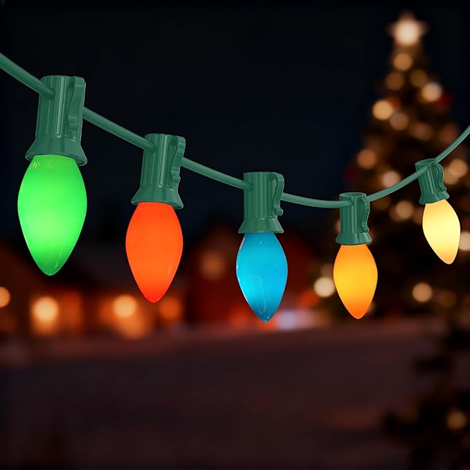 C7 Incandescent Christmas Lights Outdoor,Colored Christmas Tree Lights with 27 Glass 5w Bulbs(2 Spare),Vintage Xmas Lights Outdoor for Holiday/Paty/Patio/House Decor,E12 Base,Green Wire