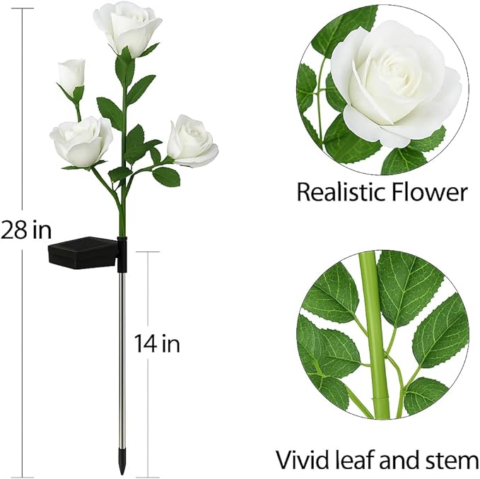 2 Pack Realistic Solar Rose Lights Flower Stake with 10 Roses, for Outdoor Garden Cemetery Patio Yard Pathway Decoration, White