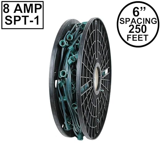 Novelty Lights 250 Feet C7/E12 Socketed Wire Spool, 6 Inch Spacing, Green Wire 8 Amp SPT-1 Commercial Grade Reel | Lumora