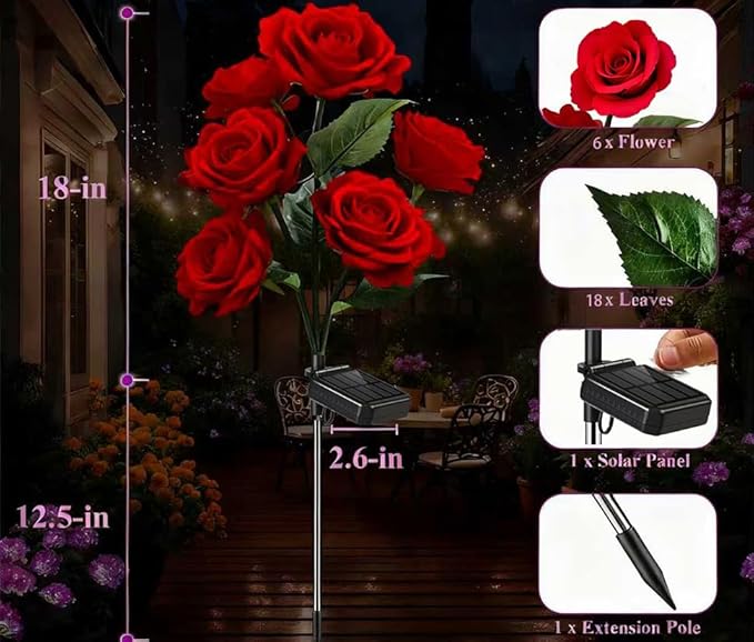 Solar Garden Rose Lights, 2 Pack MostRealistic 12 LED Flower Stake Lights, IP65 Waterproof 7 Color Changing Solar Decor for Walkway/Graveyard, Heartwarming Gifts for Grandma & Mom,Red