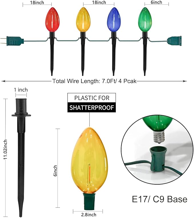 C9 Christmas Multicolor Pathway Lights, 7Ft Outdoor Christmas Pathway Markers Lights with 4 Jumbo C9 LED Multicolor Bulbs, Connectable Walkway Lights for Driveway Yard Garden