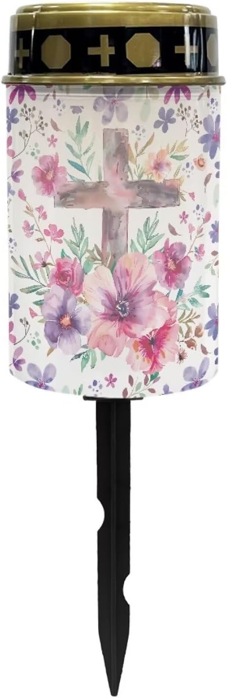 Poceacles Cross Solar Lights Outdoor Waterproof Cemetery Lights Solar Powered Grave Solar Lantern Outdoor Waterproof Walkway Lights for Lawn Garden Pathway, Pink Purple Floral Cross