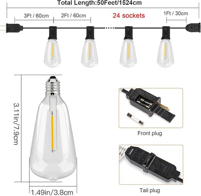 Outdoor String Lights with ST38 Clear Globe Bulbs, Black Cord, Waterproof LED Edison Filament Decorative Lighting for Patio, Garden, Backyard (ST38 Bulbs, 50FT)