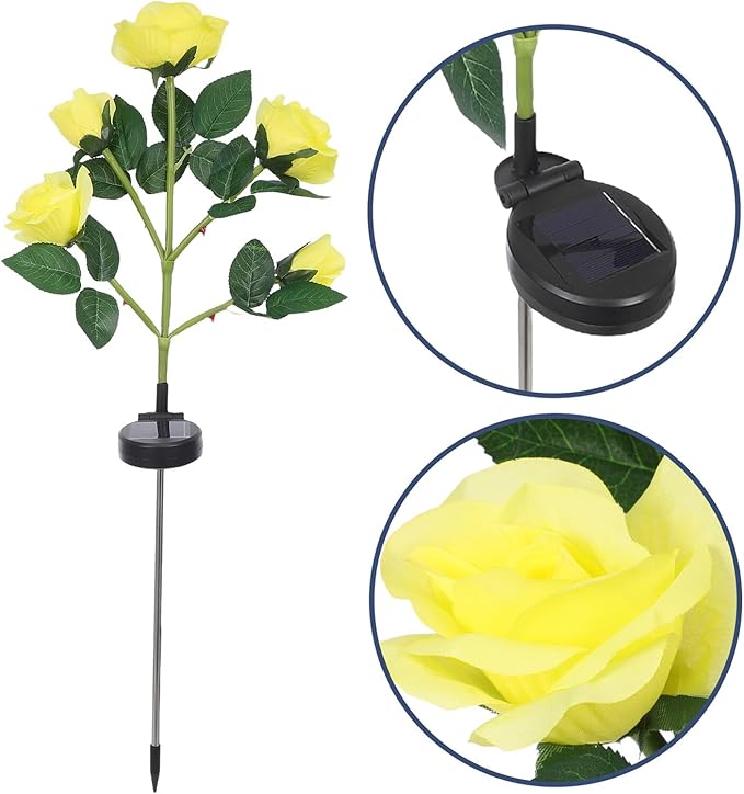 NUOBESTY 2pcs Solar Rose Flower Stake Lights, LED Yellow Solar Lawn Garden Lamps for Outdoor Pathway, Patio, Yard Decoration, Solar-Powered Simulated Rose Tree Lamps