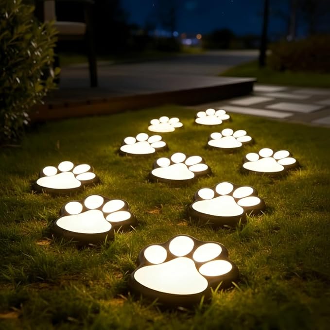 Solar Outdoor Lawn Lamp - IP55 Waterproof, Cute Paw Print Design, White/Warm Tone, No Assembly Required, Ready to | Lumora