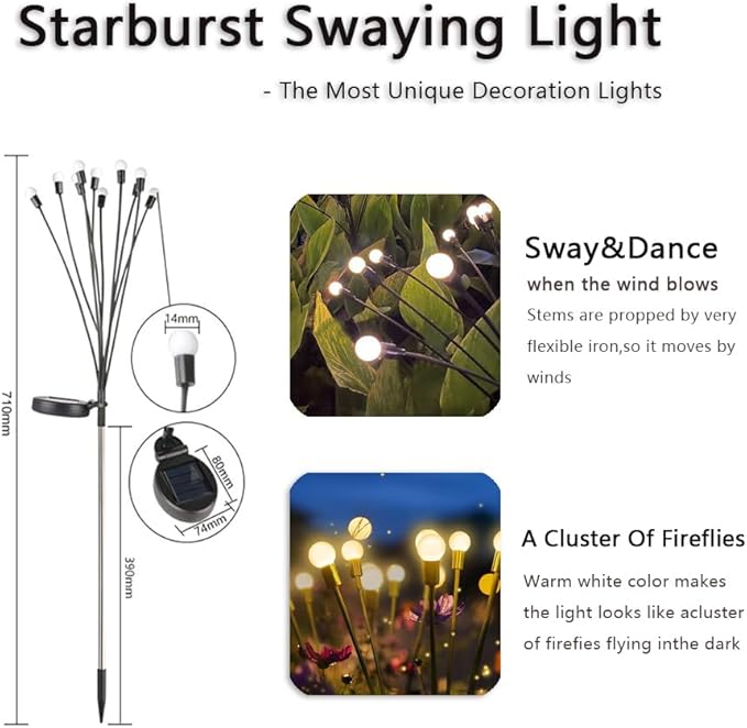 2 Pack 16LED Solar Swaying Lights Outdoor, Warm White, Waterproof, Firefly Lights for Patio Garden Porch Pathway