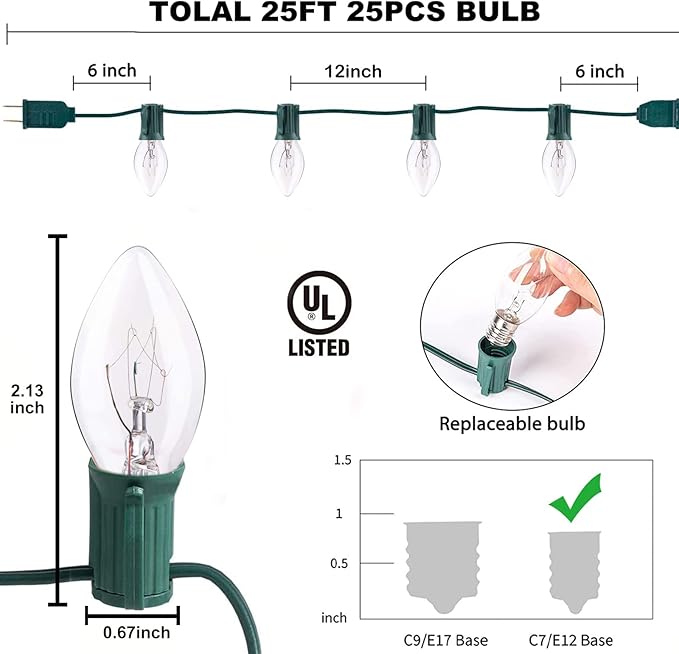 C7 Christmas Lights, 25Ft C7 Clear Christmas String Lights with 27 C7 Warm White Bulbs, Vintage Christmas String Lights for Garden, Patio, Backyard, Cafe, Xmas Party, 5 Watt e12 Base