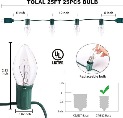 C7 Christmas Lights, 25Ft C7 Clear Christmas String Lights with 27 C7 Warm White Bulbs, Vintage Christmas String Lights for Garden, Patio, Backyard, Cafe, Xmas Party, 5 Watt e12 Base