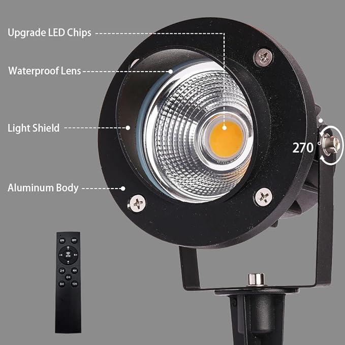 LED Outdoor Spot Lights,120V Landscape Lighting Outdoor Spotlight With Plug Cord , 2700K-6500K Stepless Dimmable Landscape Light with Timer and Remote for Yard Garden Pathway flag (20W, Pack, 4)