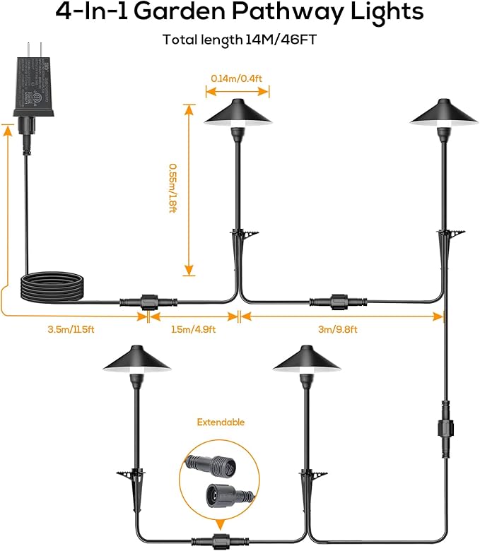 Low Voltage Pathway Lights with Timer, Plug in Landscape Path Lights 4H/6H/8H Timing, 3000K LED Landscape Lighting IP65 Waterproof ETL Listed, Set of 4 Lights Total 12W, Non-Hardwired