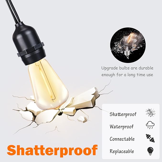 Afirst Solar Outdoor String Lights 24FT with 15 LED Bulbs 2700K Weatherproof Satterproof Patio Lights for Garden Backyard Umbrella Lighting