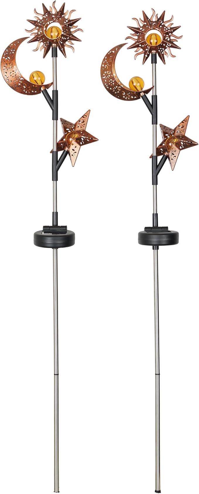 Alpine Corporation 38" Tall Solar Celestial Garden Stakes with Warm White LED Lights Sun, Moon and Star, Outdoor Decor - Set of 2