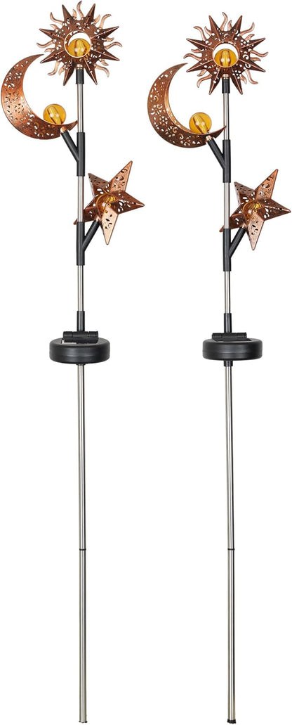 Alpine Corporation 38" Tall Solar Celestial Garden Stakes with Warm White LED Lights Sun, Moon and Star, Outdoor Decor - Set of 2
