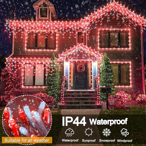 99ft Red and White Christmas Lights, 1216 LED Icicle Lights for Outside, Clear Wire Twinkle Light with 8 Modes Timer Waterproof for House Window Party Tree Holiday Patio Yard Home Decoration