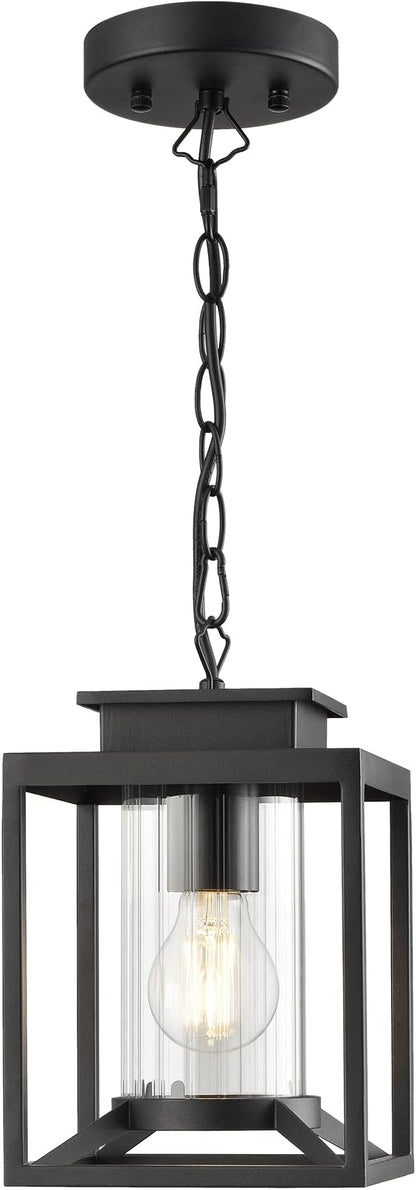 Outdoor Pendant Light for Porch, 1-Light Black Hanging Porch Light Modern Exterior Hanging Lantern with Cylinder Glass and Adjustable Chain for Gazebo, 2353/1H