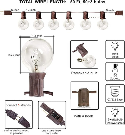 Abeja 50Ft Outdoor Patio String Lights with 53 Clear Globe G40 Bulbs,UL Certified for Patio Porch Backyard Deck Bistro Gazebos Pergolas Balcony Wedding Gathering Parties Markets Decor, Brown Wire