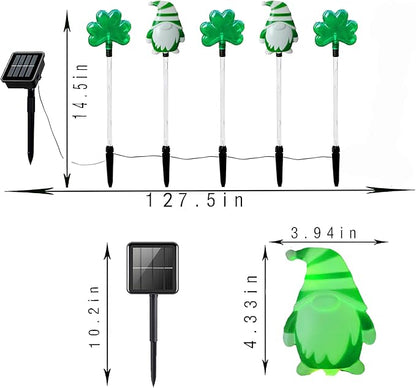 5 Pack St. Patrick's Day Solar Pathway Lights Outdoor - Green LED Shamrock Stake Lights, Waterproof Solar Powered Plug-in Gnome Lawn & Garden Decor for Yard, Walkway, Irish Party Decorations