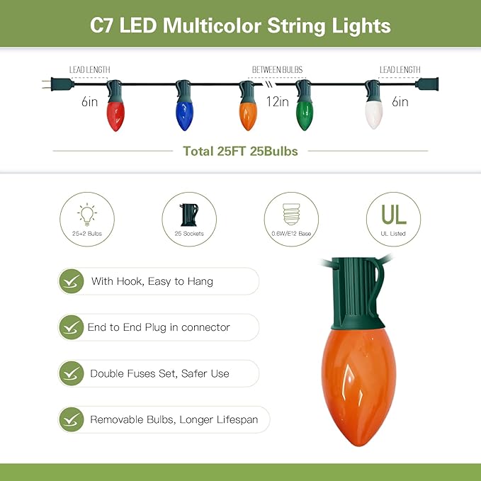 C7 LED Christmas Lights - 25FT Outdoor Multicolor String Lights, Vintage Hanging Decor for Roofline, Xmas Tree | Lumora